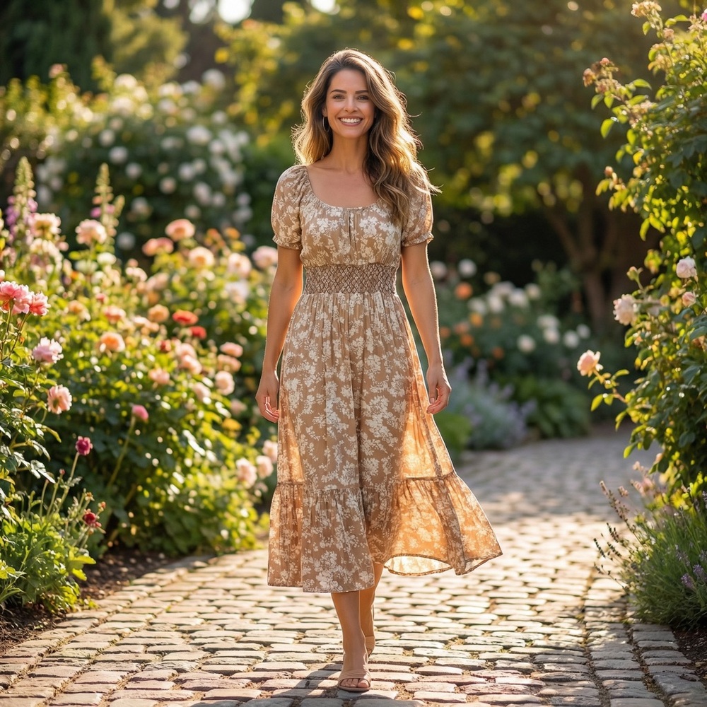 Boho MIDI Dress by Black Tape  
Floral Smocked | Tan Cream 
Size X/Small NWOT